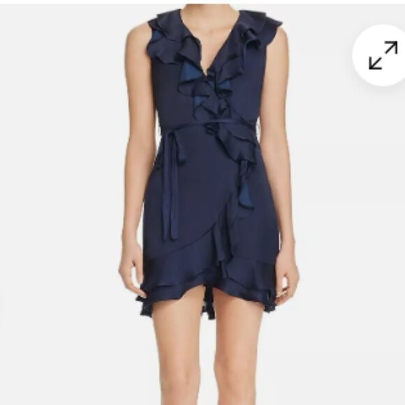 Bardot Satin Layered Frill Ruffle Faux Mini Wrap Mini Dress Navy Size 6/S NWT - Picture 1 of 10